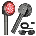 A handheld red light therapy device shown from two angles on a white background, with a USB charging cable and protective glasses included. The device body is matte black/dark gray, and one view shows a glowing red LED light panel.