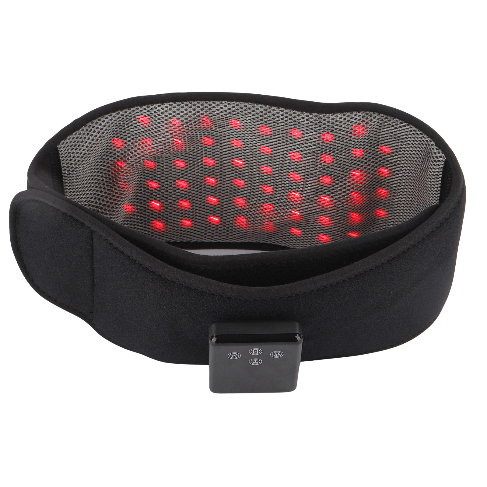 A black LED light therapy waist blanket with a mesh interior showing glowing red light points, featuring an attached black remote control, set against a plain white background.