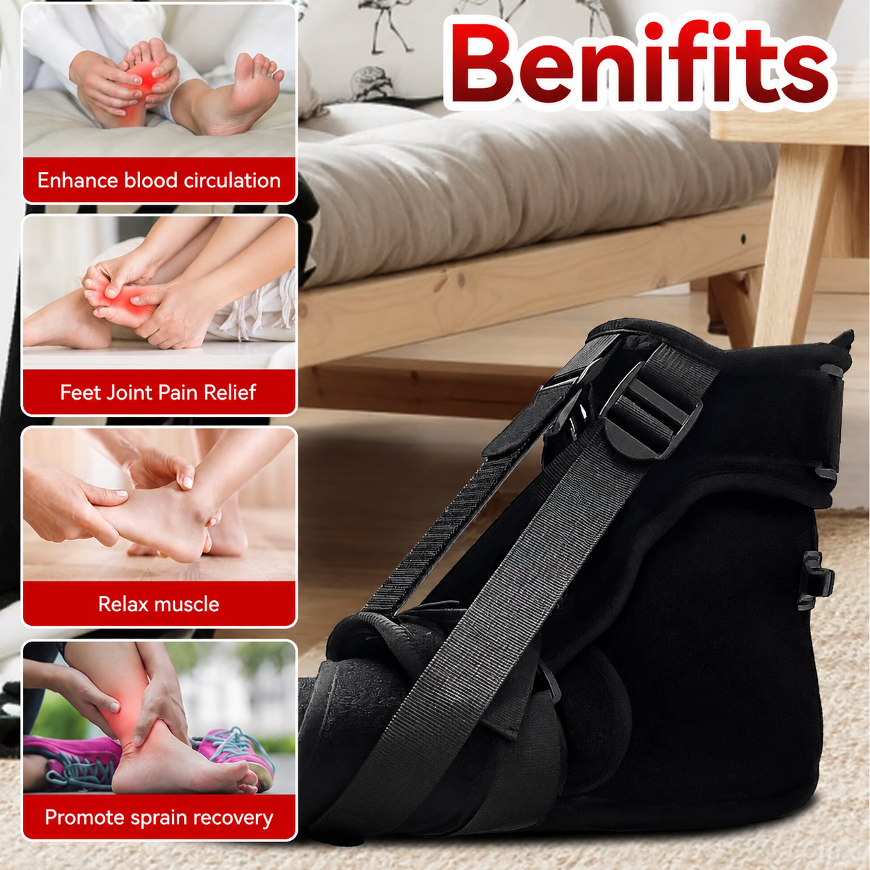 Black foot and ankle support brace shown on a bed in a bedroom setting, with four benefit panels on the left highlighting circulation, joint pain relief, muscle relaxation, and sprain recovery. The word 'Benifits' appears at the top.