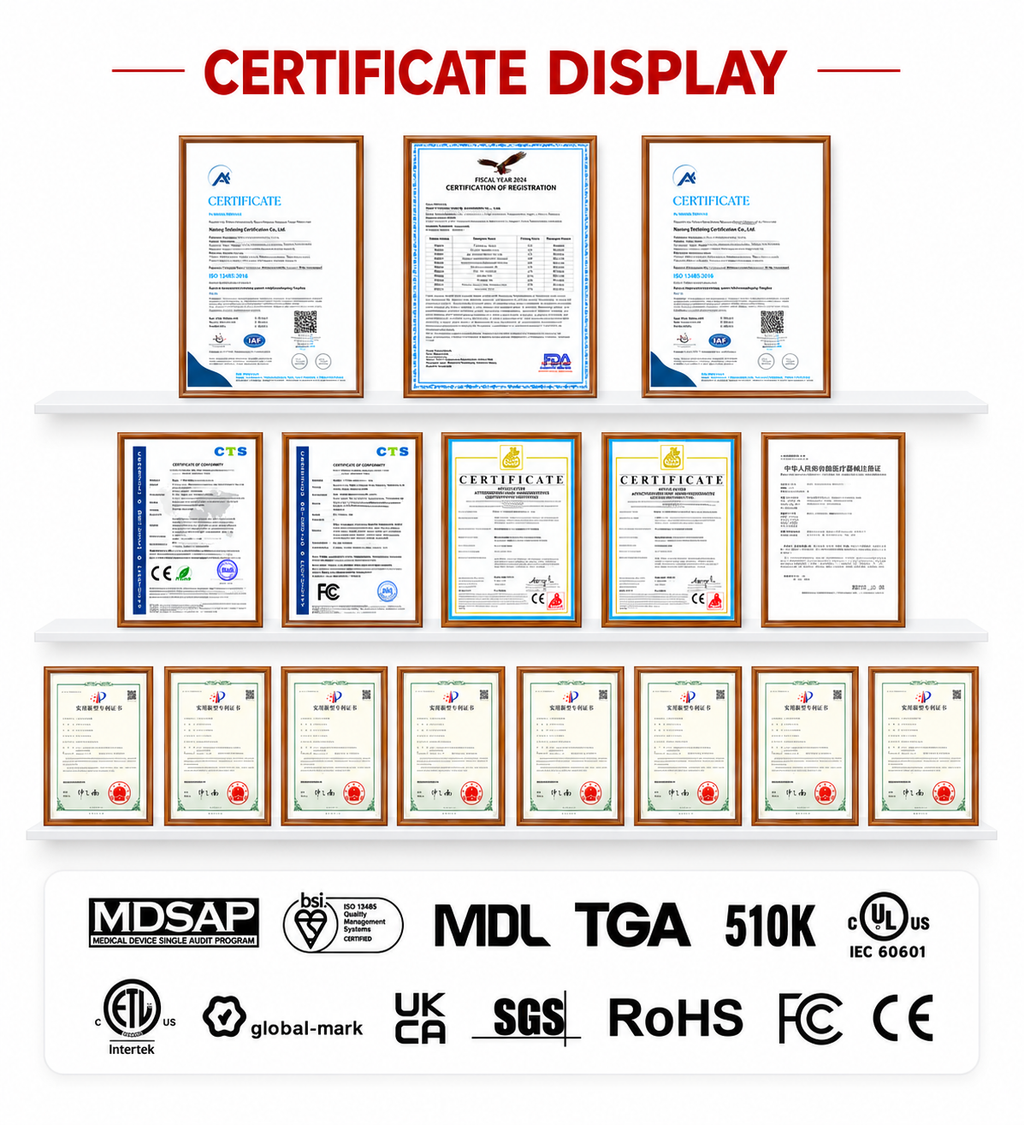 A product display graphic showing multiple framed certificates arranged on white shelves, with the heading 'CERTIFICATE DISPLAY' at the top and a row of certification logos and marks along the bottom including MDSAP, MDL TGA 510K, ULus, ETL, global-mark, UKCA, SGS, RoHS, and CE.