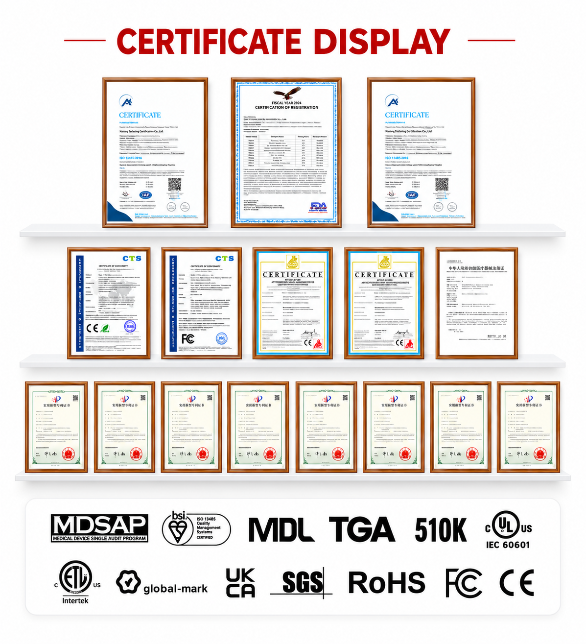 A product display graphic showing multiple framed certificates arranged on white shelves, with the heading 'CERTIFICATE DISPLAY' at the top and a row of certification logos and marks along the bottom including MDSAP, MDL TGA 510K, ULus, ETL, global-mark, UKCA, SGS, RoHS, and CE.