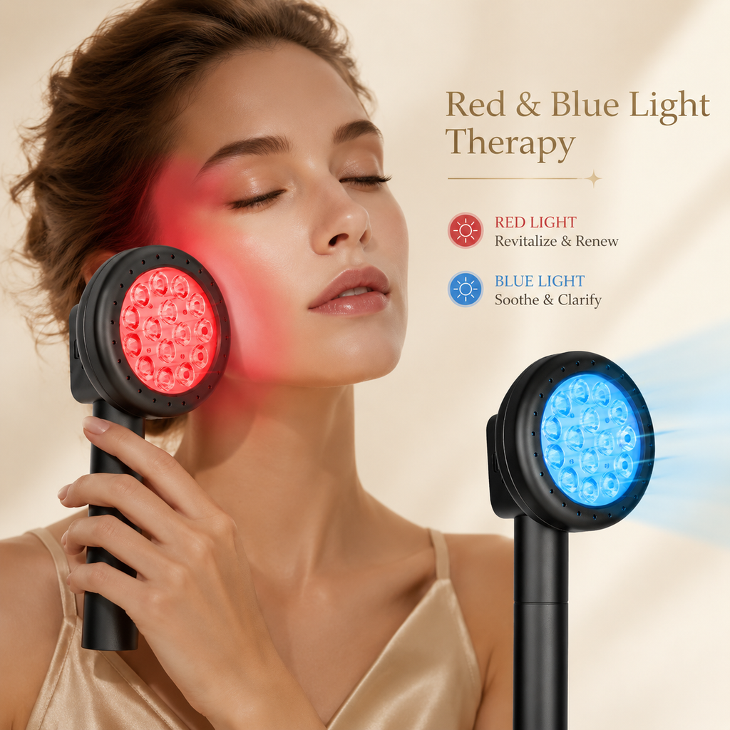 A woman holds two handheld LED light therapy devices, one emitting red light on her cheek and the other emitting blue light, with text explaining red and blue light therapy benefits.