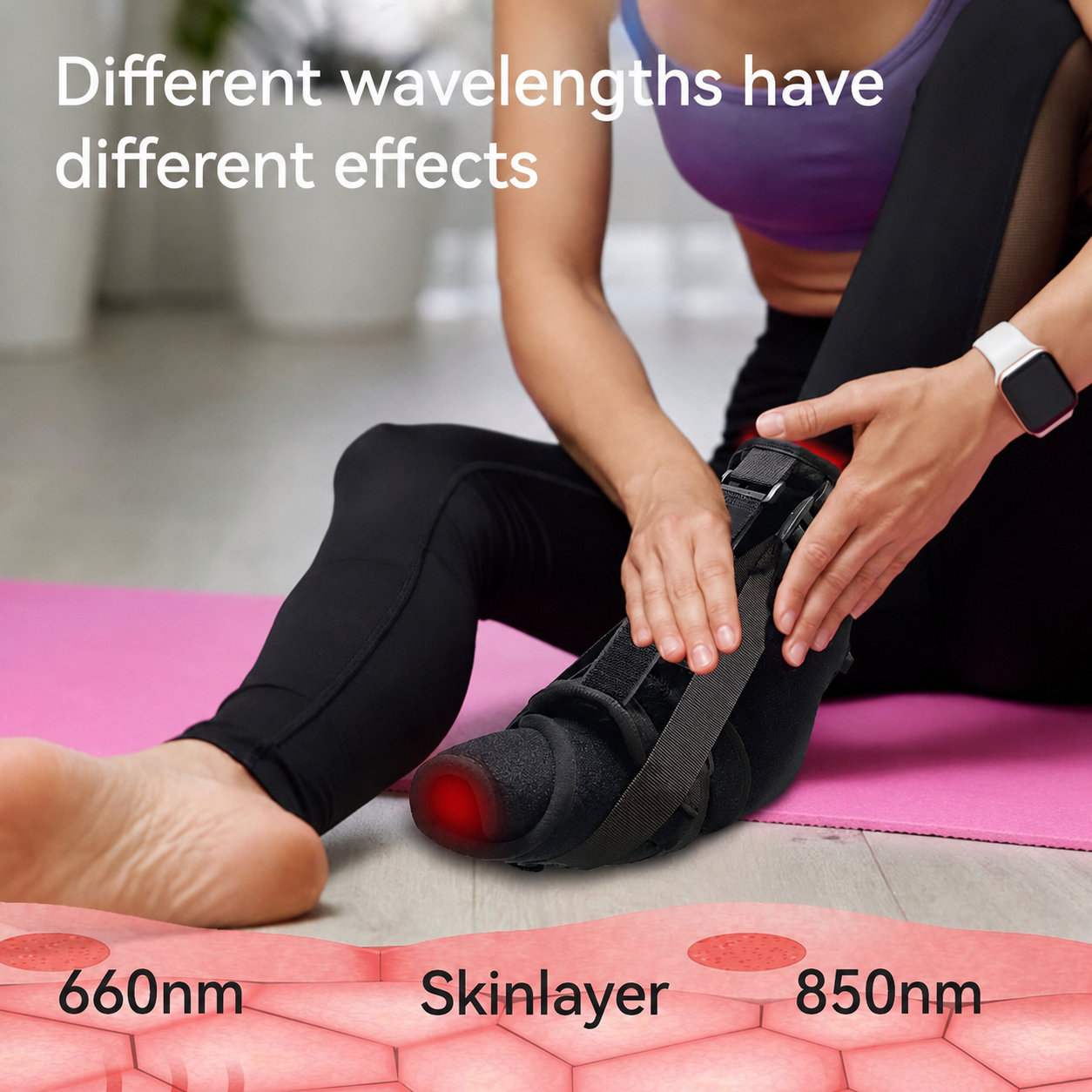 A person in black leggings sits on a pink yoga mat, adjusting a black and red LED foot wrap around their foot. White text at the top reads 'Different wavelengths have different effects,' and a pink diagram at the bottom shows 660nm, Skinlayer, and 850nm layers.