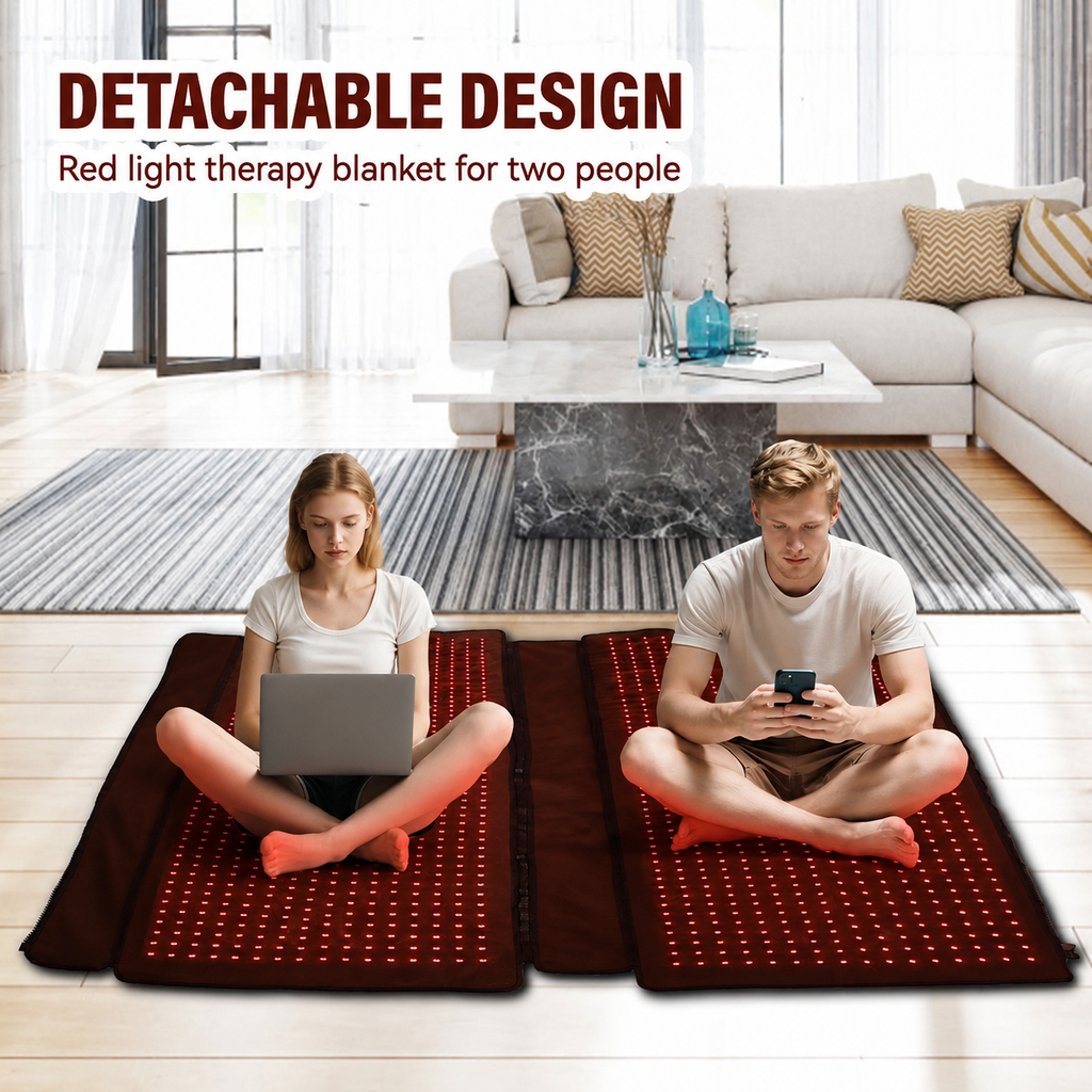 Two people sitting cross-legged on a red light therapy blanket in a bright living room. The blanket is shown in a detachable design with two separate sections, each with a dark brown border and a red textured center.