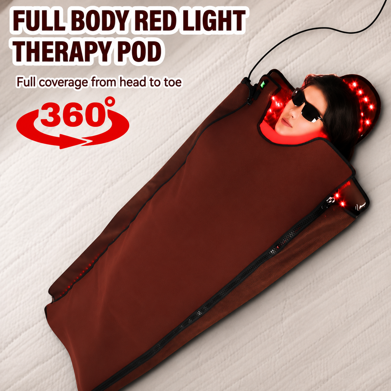 A red light therapy pod wrap shown on a person lying down, with text reading 'FULL BODY RED LIGHT THERAPY POD' and 'Full coverage from head to toe' plus a '360°' graphic. The product itself is a brown wrap with glowing red LED lights visible around the head and feet.
