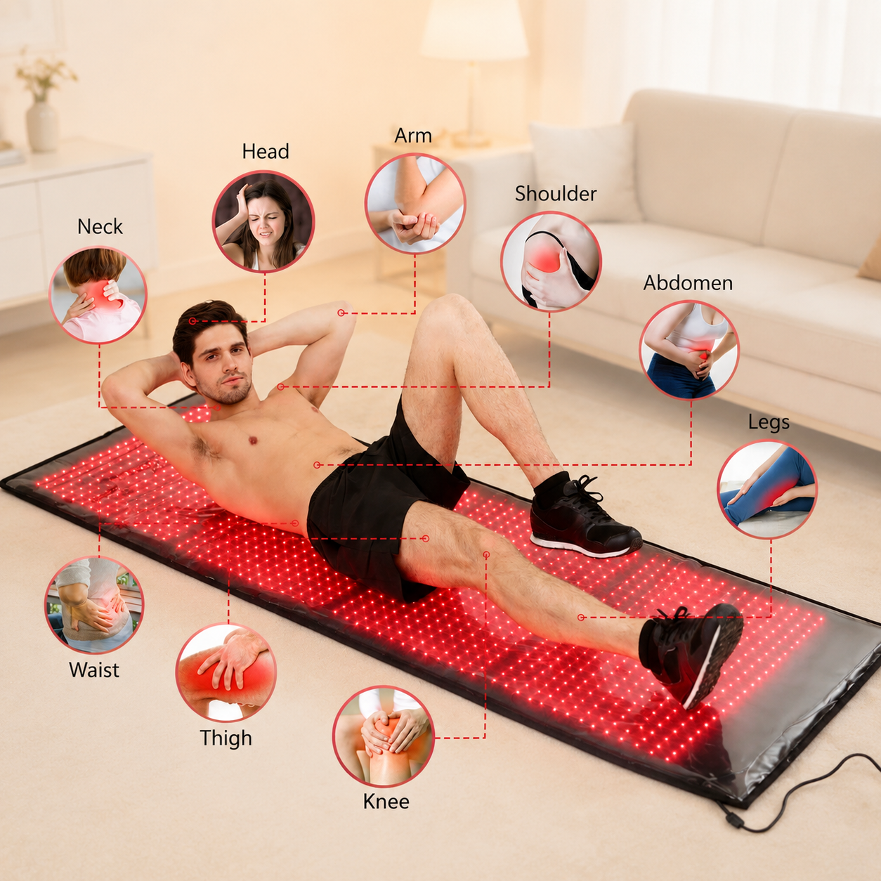 A man lies on a red LED light therapy mat in a living room setting, with callout circles indicating body parts such as head, arm, neck, shoulder, abdomen, legs, waist, thigh, and knee.