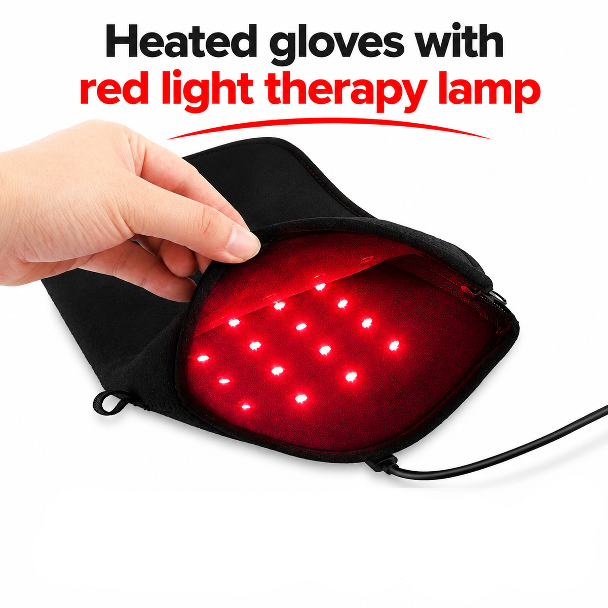 Heated red light LED gloves for hand skincare, showing red light therapy beads inside the wearable hand device.