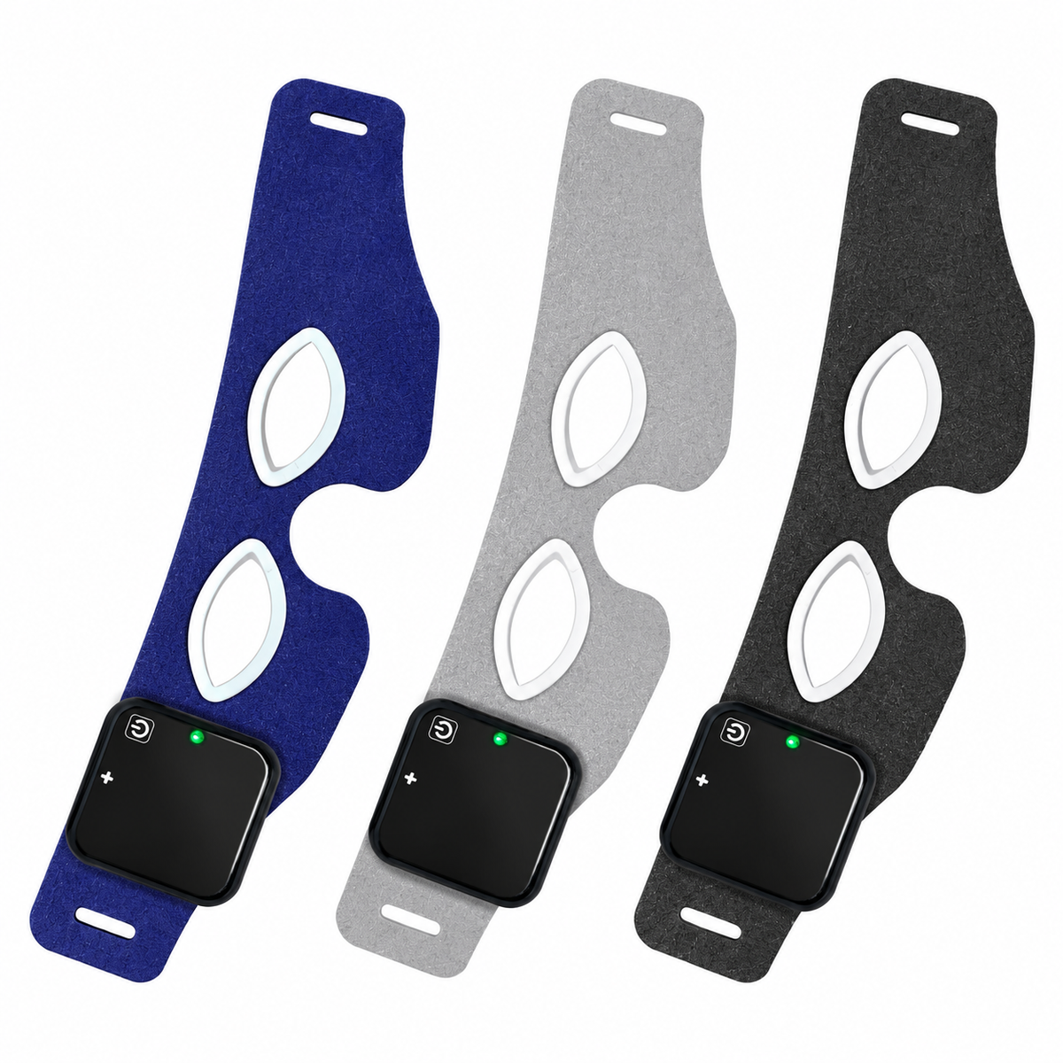 Three fabric eye mask support wraps in blue, gray, and black, each with a black electronic control module attached, displayed on a solid white background.