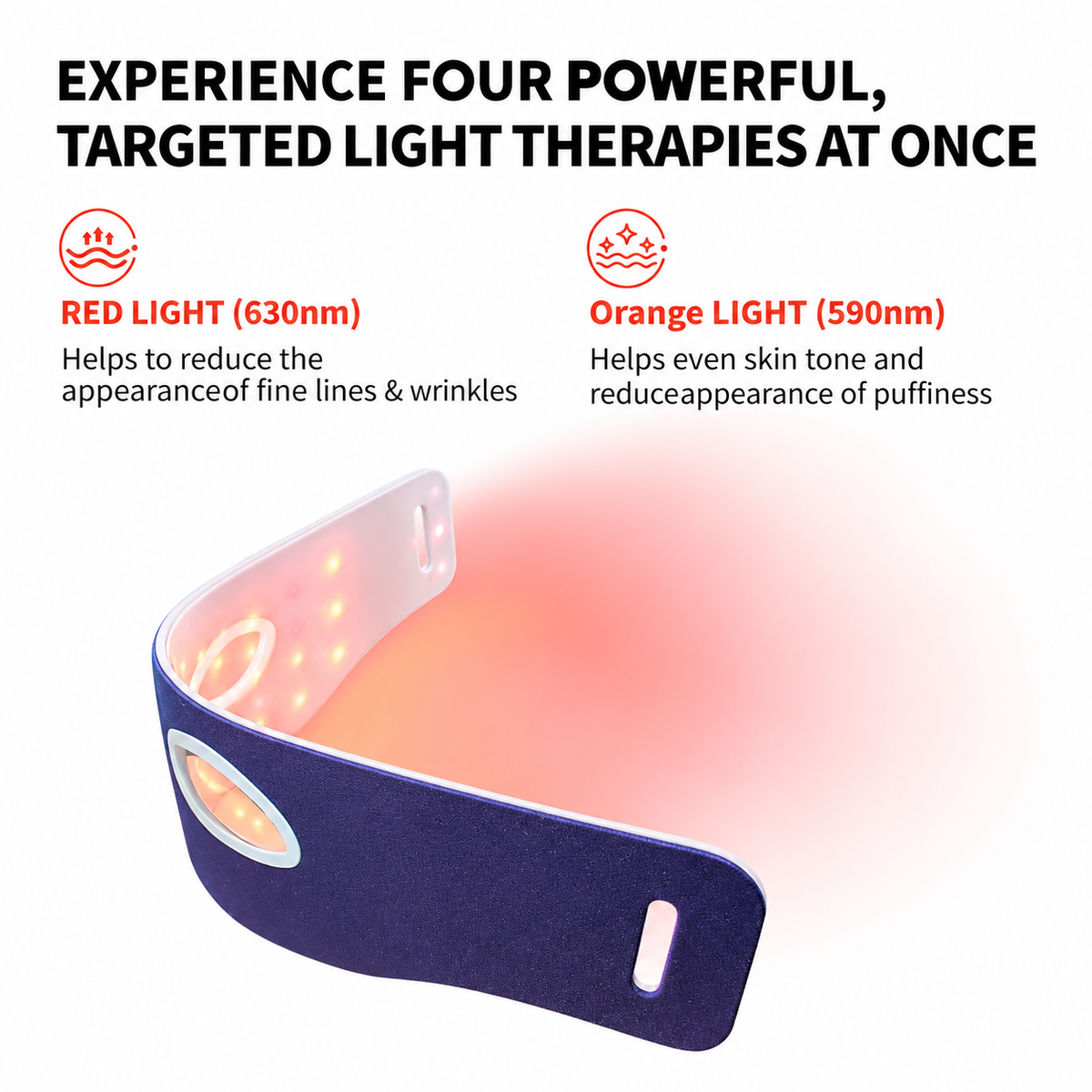 A red and orange LED light therapy headband shown on a white background with promotional text describing its light therapies.