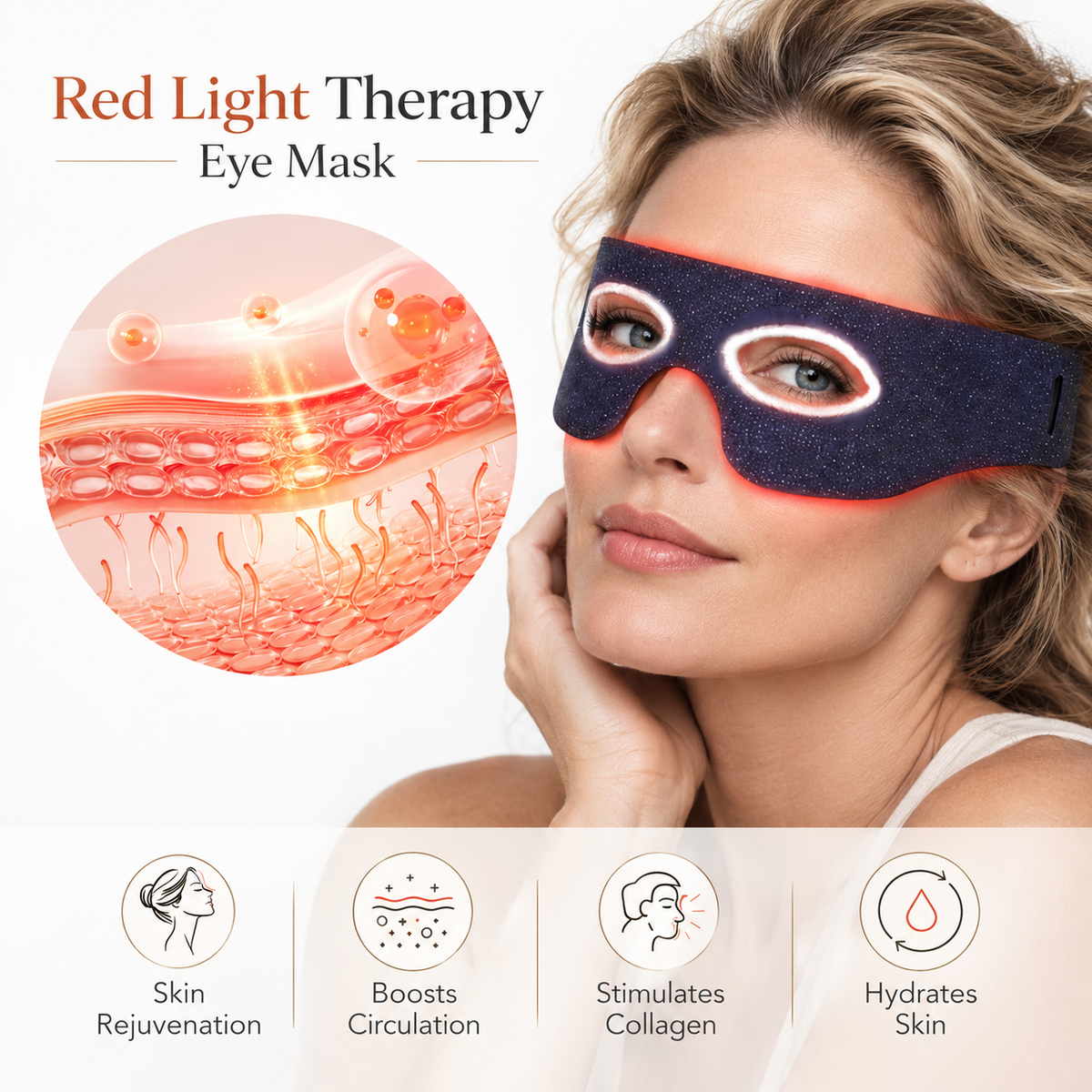 A woman wearing a red light therapy eye mask, with promotional text reading 'Red Light Therapy Eye Mask' and an inset diagram showing skin cell stimulation. The mask is dark navy with a glowing red light outline, and four benefit icons appear along the bottom.