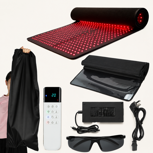 Red light therapy mat kit with a black carrying bag, white remote control, power adapter, cable, protective glasses, and a control panel, shown on a light background with a person holding the bag partially visible on the left.