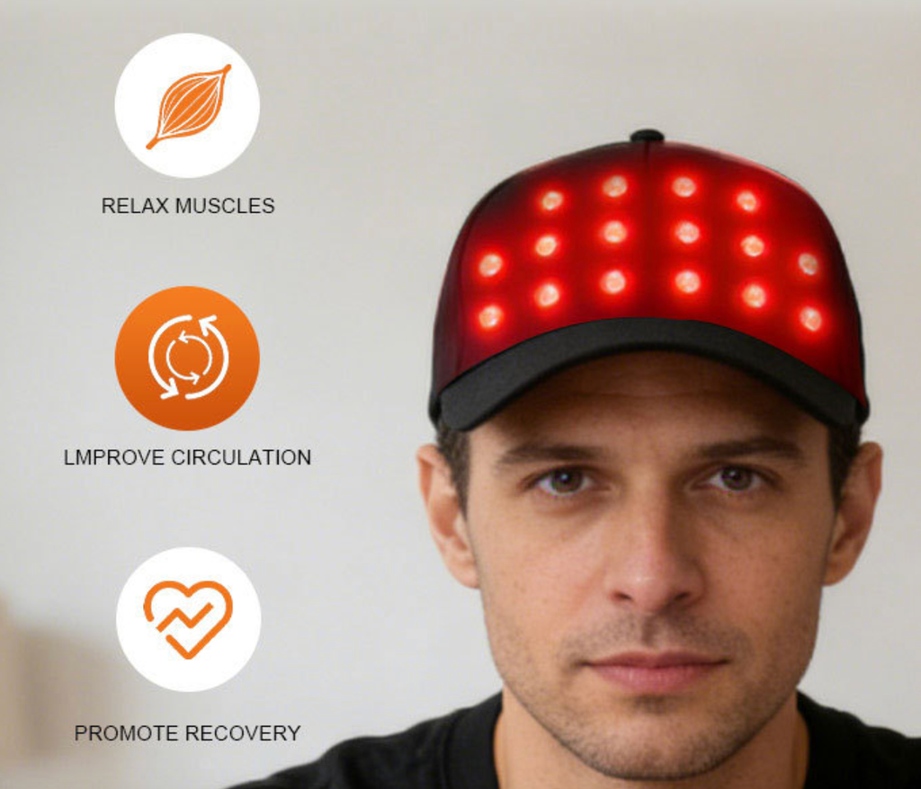 A man wearing a black LED light therapy cap with glowing red lights, shown against a light gray background with three feature callouts on the left: 'RELAX MUSCLES', 'IMPROVE CIRCULATION', and 'PROMOTE RECOVERY'.
