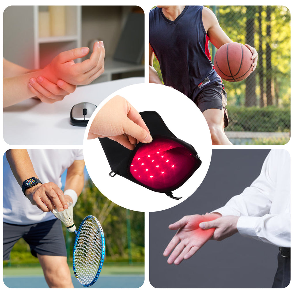 Collage image showing heated red light hand gloves for home hand skincare, suitable for sports and daily use.