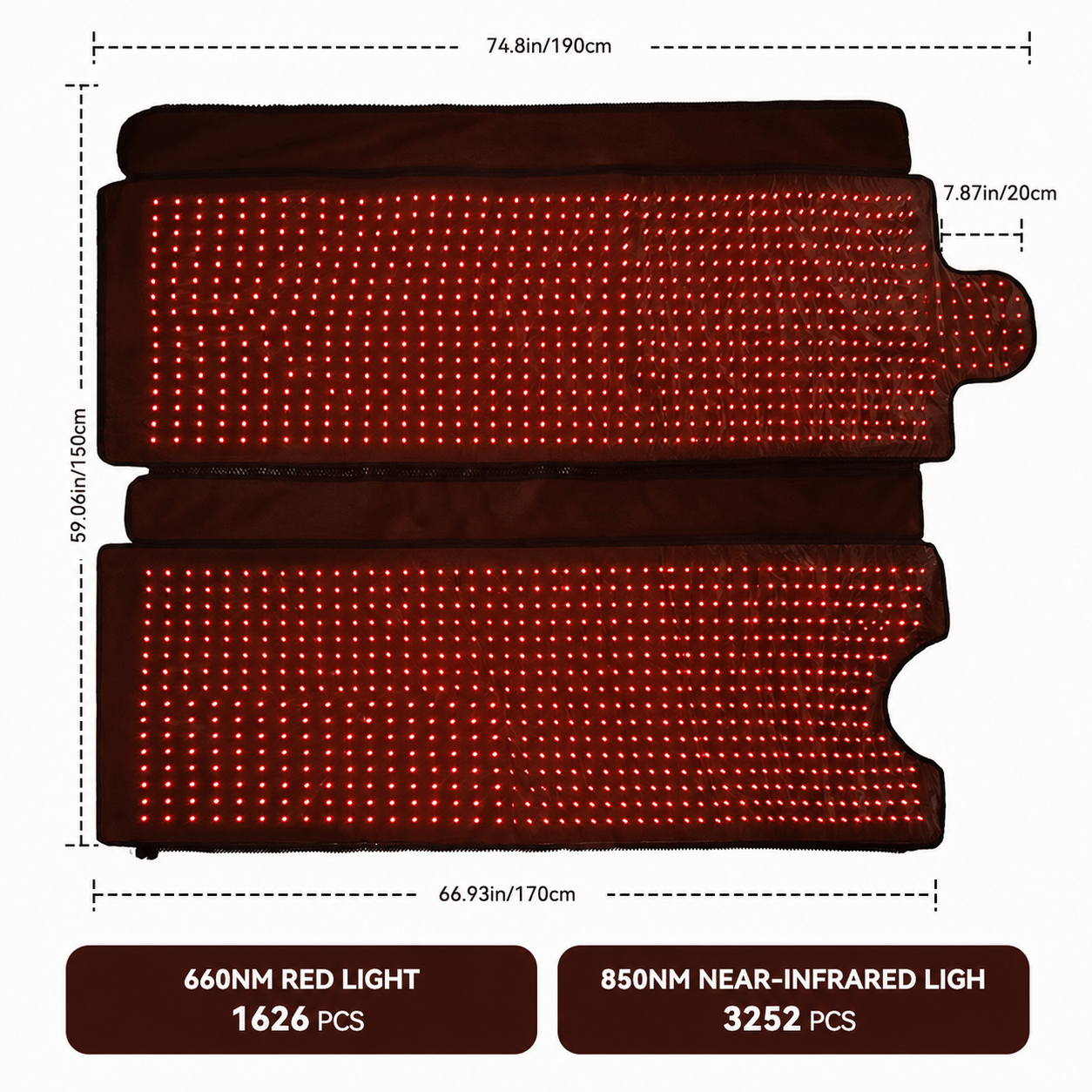 A product diagram showing a red light therapy mat with dimension measurements in centimeters and inches, along with text indicating 660nm red light (1626 pieces) and 850nm near-infrared light (3252 pieces).