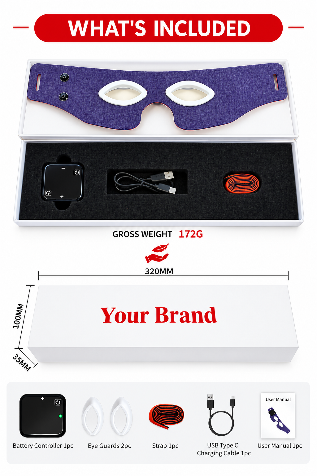 Red light therapy eye mask package contents: wearable LED eye mask, controller, eye guards, strap, USB charging cable and user manual.