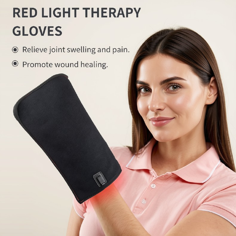 Model wearing heated red light hand gloves, wearable red LED hand skincare wrap for home use.